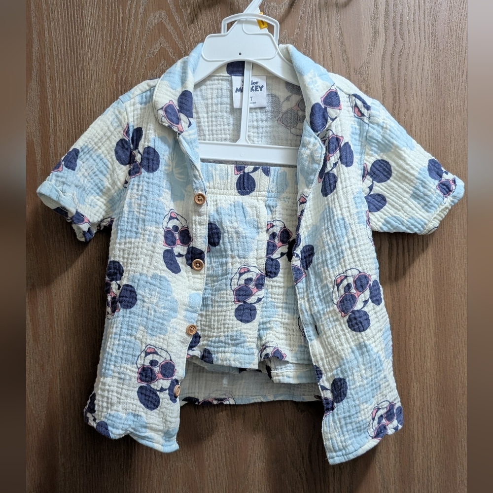 Disney Mickey Mouse Kids Button Down Shirt & Shorts - Light Blue - 3T